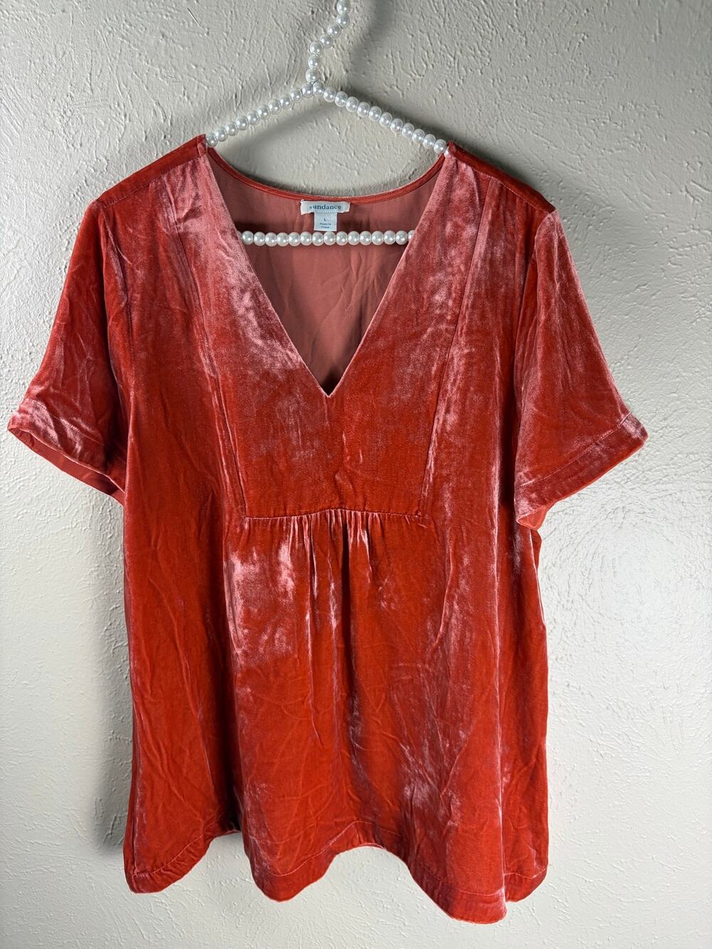 Sundance Crushed Velvet Blouse Size Large Orange Western Bohemian Preppy Shirt